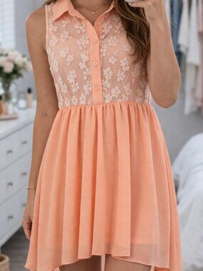 Peach High-Low Chiffon Dress | Lace Bodice | Easter Spring Dress | Sz. 10 Girls